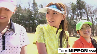 Three Young Asian Women Have Fun Taking Off Each Other'S Clothes While Playing Strip Golf